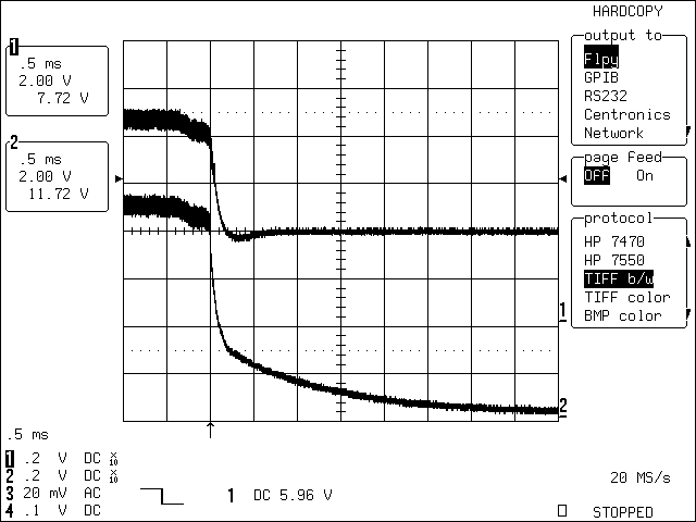 圖4. C1 = 22μF時，改進后的應(yīng)用電路在移除充電電源后的瞬態(tài)波形