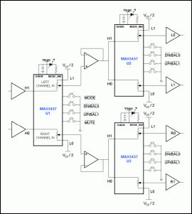 圖1. 利用三片MAX5456/MAX5457 IC構成的音量調節(jié)、均衡電路