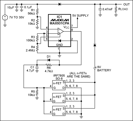 圖1. IC1 MAX931比較器用于監(jiān)測(cè)主電源電壓。當(dāng)主電源電壓下降到7.4V以下時(shí)，它可以通過(guò)將電池負(fù)端接地接通備用電池。