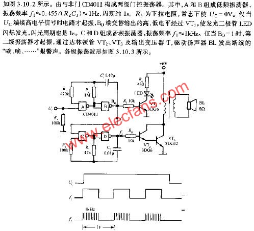 由門控振蕩器組成的聲光報警電路  m.greenbey.cn