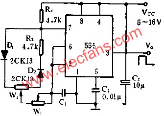 時(shí)基集成電路組成占空比連續(xù)可調(diào)的脈沖發(fā)生器電路圖 m.greenbey.cn