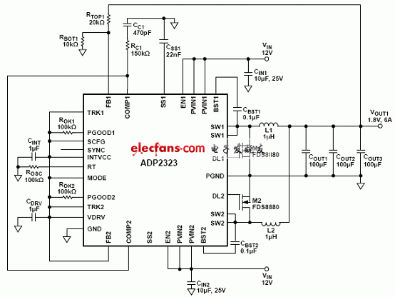 ADP2323并聯(lián)單輸出應用電路圖