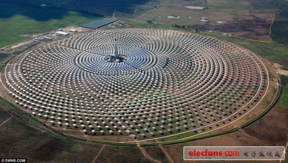 巨幅藝術作品：位于塞維利亞市附近的吉馬太陽能電站由2650塊鏡面面板構成，總共占地面積達185公頃（約合185萬平方米）。