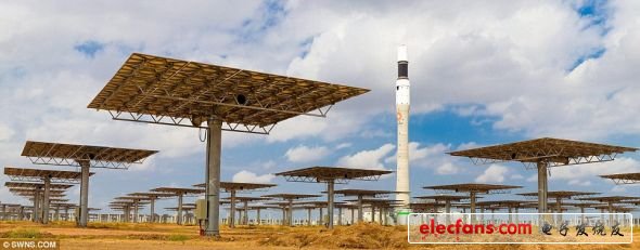 鏡面面板：日光反射裝置聚焦所獲得的能量可以將熔鹽池加熱到900多攝氏度的高溫，從而產(chǎn)生蒸汽為發(fā)電渦輪機(jī)提供動(dòng)力。