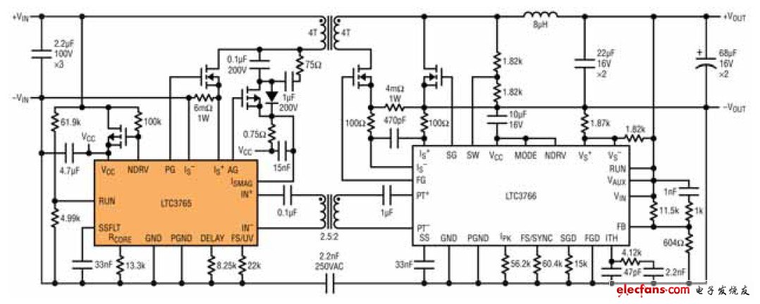圖 1:LTC3765 / LTC3766 應用電路，VIN 范圍：18V 至 72V、 VOUT:12V/11A,12.5A 峰值