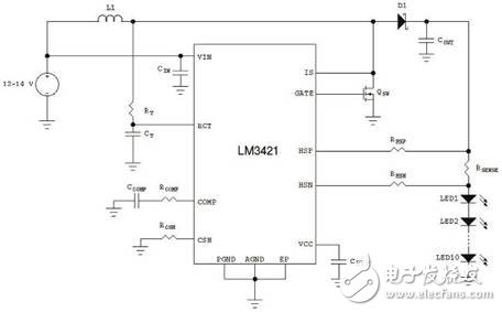 使用LM3421的升壓穩(wěn)壓器驅(qū)動10個LED