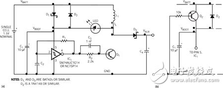  這一電路利用超低電池電壓，可使白色LED產(chǎn)生耀眼的強(qiáng)度 (a)。經(jīng)過一項(xiàng)改進(jìn)之后，該電路可以使用更低的電池電壓 (b)。 