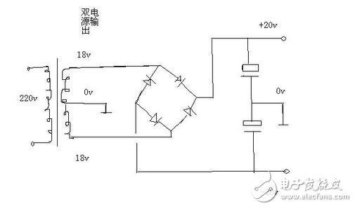 不用兩個(gè)整流橋。用一個(gè)即可，把2個(gè)18伏交流接到整流橋的交流輸入端，把變壓器抽頭0伏接地線（線路板的地線），整流橋直流輸出+ -端接電容器濾波，電容器2個(gè)串聯(lián)之后正極接整流橋正極+，電容器負(fù)極接整流橋負(fù)極-，2個(gè)串聯(lián)的電容器中間引出一根線接地線，也就是雙18伏交流的抽頭。這樣就可以在直流輸出端得到正負(fù)20伏的雙電源了。