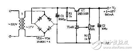 　　串聯(lián)穩(wěn)壓器電路介紹  　　串聯(lián)型穩(wěn)壓電路屬直流穩(wěn)壓電源中的一種，在實(shí)際應(yīng)用電路中應(yīng)用非常廣泛。如我們平常常用的78或79系列三端穩(wěn)壓器也是屬于它的一種。  　　整流濾波后的電壓是不穩(wěn)定的電壓，在電網(wǎng)電壓或負(fù)載變化時(shí)，該電壓都會(huì)產(chǎn)生變化，而且紋波電壓又大。所以，整流濾波后，還須經(jīng)過(guò)穩(wěn)壓電路，才能使輸出電壓在一定的范圍內(nèi)穩(wěn)定不變。在這里我們就用串聯(lián)型穩(wěn)壓電路對(duì)其進(jìn)行穩(wěn)壓。  　　集成線性：如果將前述的串聯(lián)型穩(wěn)壓電源電路全部集成在一塊硅片上，加以封裝后引出三端引腳，就成了三端集成穩(wěn)壓電源了。正電壓輸出的78××系列，負(fù)電壓輸出的79××系列。其中××表示固定電壓輸出的數(shù)值。如：7805、7806、7809、7812、7815、7818、7824等，指輸出電壓是+5V、+6V、+9V、+12V、+15V、+18V、+24V。79××系列也與之對(duì)應(yīng)，只不過(guò)是負(fù)電壓輸出。這類(lèi)穩(wěn)壓器的最大輸出電流為1.5A，塑料封裝（TO-220）最大功耗為10W（加散熱器）；金屬殼封裝（TO-3）外形，最大功耗為20W（加散熱器）。  　　線性串聯(lián)：這種穩(wěn)壓電路的主回路由調(diào)整管T與負(fù)載相串聯(lián)構(gòu)成，且T工作在線性狀態(tài)，故稱(chēng)為線性串聯(lián)式穩(wěn)壓電路。輸出電壓Vo=VI-VCE，其變化量由反饋網(wǎng)絡(luò)取樣，并經(jīng)放大電路（A）放大后去控制調(diào)整管T的基極電壓，從而改變調(diào)整管T的VCE大小。當(dāng)輸入電壓VI增加（或負(fù)載電流Io減?。r(shí)，導(dǎo)致輸出電壓Vo增加，隨之反饋電壓VF=R2Vo/（R1+R2）=FvVo也增加（Fv為反饋系數(shù)）。VF與基準(zhǔn)電壓VREF相比較，其差值電壓經(jīng)比較放大電路放大后使調(diào)整管的VB和IC減小，于是調(diào)整管T的c-e間電壓VCE增大，使Vo下降，從而維持Vo基本恒定。顯然，這是電壓負(fù)反饋電路基本性能。  　　TL431介紹  　　TL431是可控精密穩(wěn)壓源。它的輸出電壓用兩個(gè)電阻就可以任意的設(shè)置到從Vref（2.5V）到36V范圍內(nèi)的任何值。該器件的典型動(dòng)態(tài)阻抗為0.2Ω，在很多應(yīng)用中用它代替穩(wěn)壓二極管，例如，數(shù)字電壓表，運(yùn)放電路，可調(diào)壓電源，開(kāi)關(guān)電源等。  　　TL431是一種并聯(lián)穩(wěn)壓集成電路。因其性能好、價(jià)格低，因此廣泛應(yīng)用在各種電源電路中。其封裝形式與塑封三極管9013等相同，如圖a所示。同類(lèi)產(chǎn)品還有圖b所示的雙直插外形的。知道了串聯(lián)穩(wěn)壓器電路和TL431的原理，我們?cè)賮?lái)看看由TL431構(gòu)成的串聯(lián)穩(wěn)壓器電路是什么樣子的。  　　2  　　由TL431構(gòu)成的串聯(lián)穩(wěn)壓器電路  　　TL431是一種并聯(lián)穩(wěn)壓集成電路。因其性能好、價(jià)格低，因此廣泛應(yīng)用在各種電源電路中。其封裝形式與塑封三極管9013等相同。同類(lèi)產(chǎn)品還有雙直插外形的。  　　TL431是一個(gè)有良好的熱穩(wěn)定性能的三端可調(diào)分流基準(zhǔn)源。他的輸出電壓用兩個(gè)電阻就可以任意的設(shè)置到從Verf（2.5V）到36V范圍內(nèi)的任何值。該器件的典型動(dòng)態(tài)阻抗為0.2Ω，在很多應(yīng)用中用它代替齊納二極管。  　　串聯(lián)型穩(wěn)壓電路屬直流穩(wěn)壓電源中的一種，在實(shí)際應(yīng)用電路中應(yīng)用非常廣泛。如我們平常常用的78或79系列三端穩(wěn)壓器也是屬于它的一種。 整流濾波后的電壓是不穩(wěn)定的電壓，在電網(wǎng)電壓或負(fù)載變化時(shí)，該電壓都會(huì)產(chǎn)生變化，而且紋波電壓又大。所以，整流濾波后，還須經(jīng)過(guò)穩(wěn)壓電路，才能使輸出電壓在一定的范圍內(nèi)穩(wěn)定不變。在這里我們就用串聯(lián)型穩(wěn)壓電路對(duì)其進(jìn)行穩(wěn)壓。  　　1